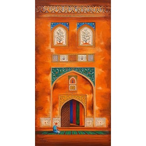 S. A. Noory, Wazir Khan Mosque - Lahore, 18 x 36 Inch, Acrylic on Canvas, Cityscape Painting, AC-SAN-116